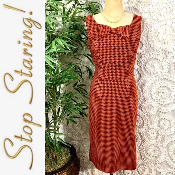 Stop Staring Dresses & Skirts - “Stop Staring” pumpkin orange and black houndstooth retro  look fitted dress- S